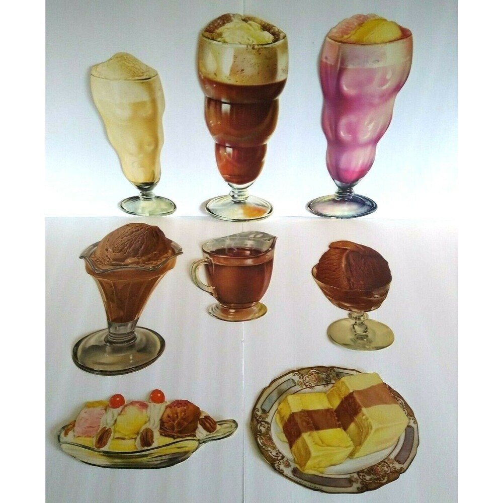 Chocolate Malt Hot Fudge Ice Cream Sundae Paper Signs Vintage 1950s Lot Of 8